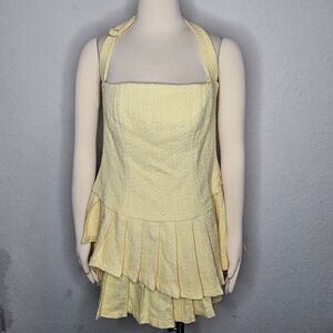 Oh Polly Butter Yellow Tweed Halter Mini Dress Pleated Ruffle Coquette US 10